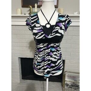 Y2K Bware Women’s Medium Zebra Print Ring Halter Top T Shirt Black Purple Sequin